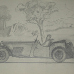 An original drawing by Van Fryer racing scene un framed professionally mounted and inscribed M G Sports by VP and dated Fryer 1949