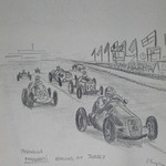 An original drawing by racing artist Van Fryer unframed professionally mounted inscribed Parnells Maserati Racing at Jersey