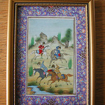 A small watercolour and mixed media of polo players in a 20th century gilt frame