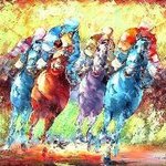 A 20th century modernist picture of polo ponies English oil on canvas unframed