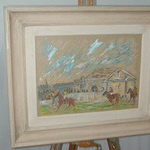 An early 20th century mixed media gouache and pastel of a polo game with stands behind signed Frobisher framed