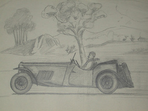 An original drawing by Van Fryer racing scene un framed professionally mounted and inscribed M G Sports by VP and dated Fryer 1949