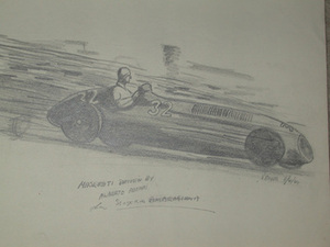 An original unframed drawing by racing artist Van Fryer professionally mounted and inscribed Maserati driven by Alberto Ascari Scuderia Ambrosiana