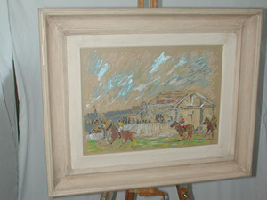 An early 20th century mixed media gouache and pastel of a polo game with stands behind signed Frobisher framed